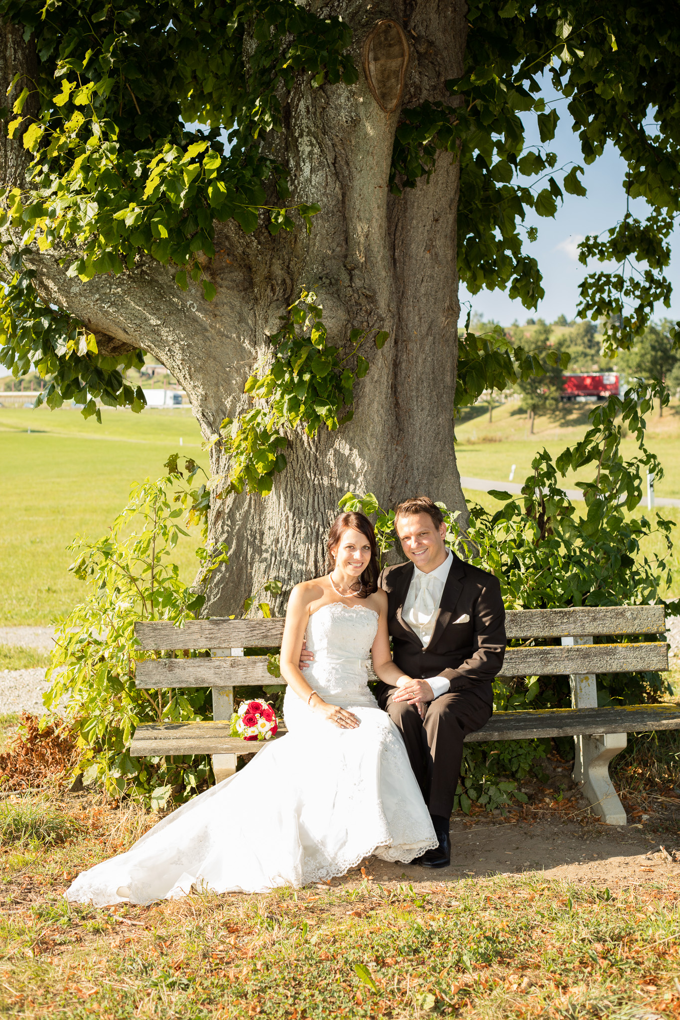 Hochzeitsfoto-09, Paar sitzt auf Bank vor Baum